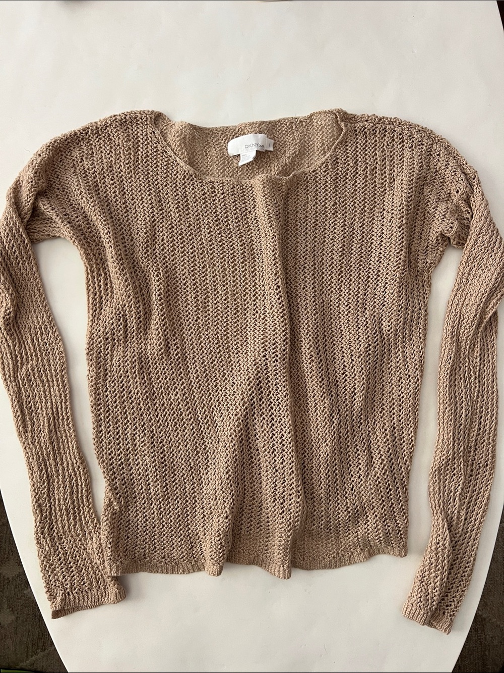 Vintage VTG DKNY 100% Linen Stretchy Loose Knit Wide Neck Sweater Top Tan L
